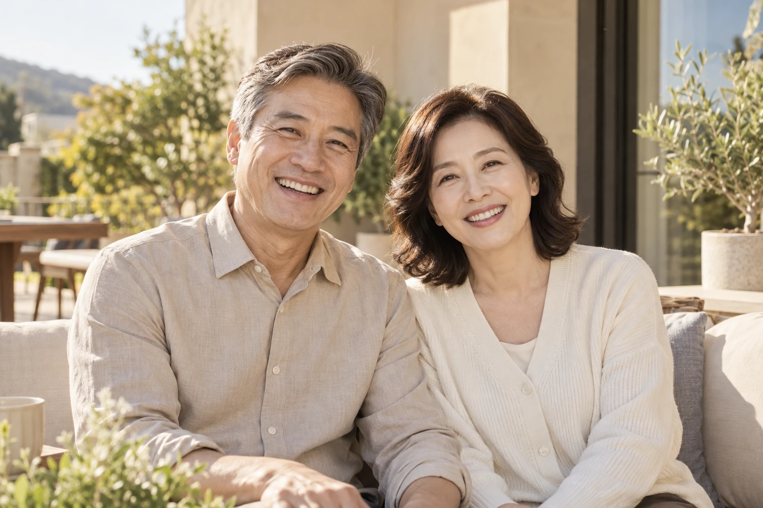 나란히 웃고 있는 중년 남녀의 생활 이미지