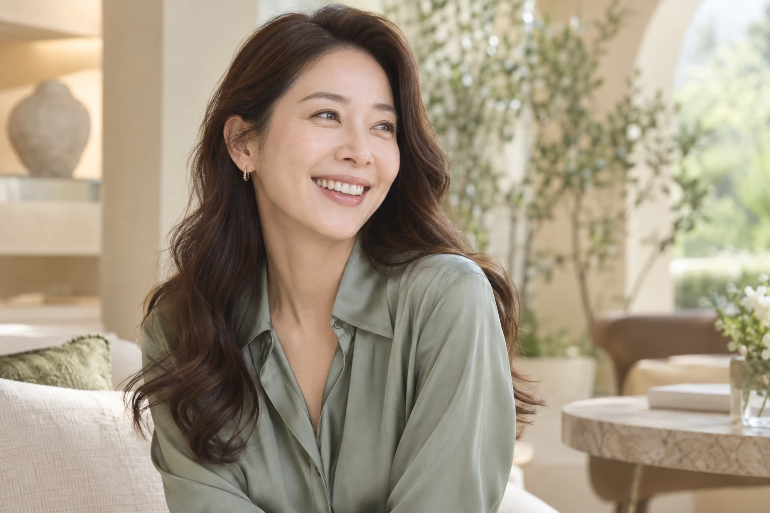 실내에서 미소 짓는 여성의 생활 이미지