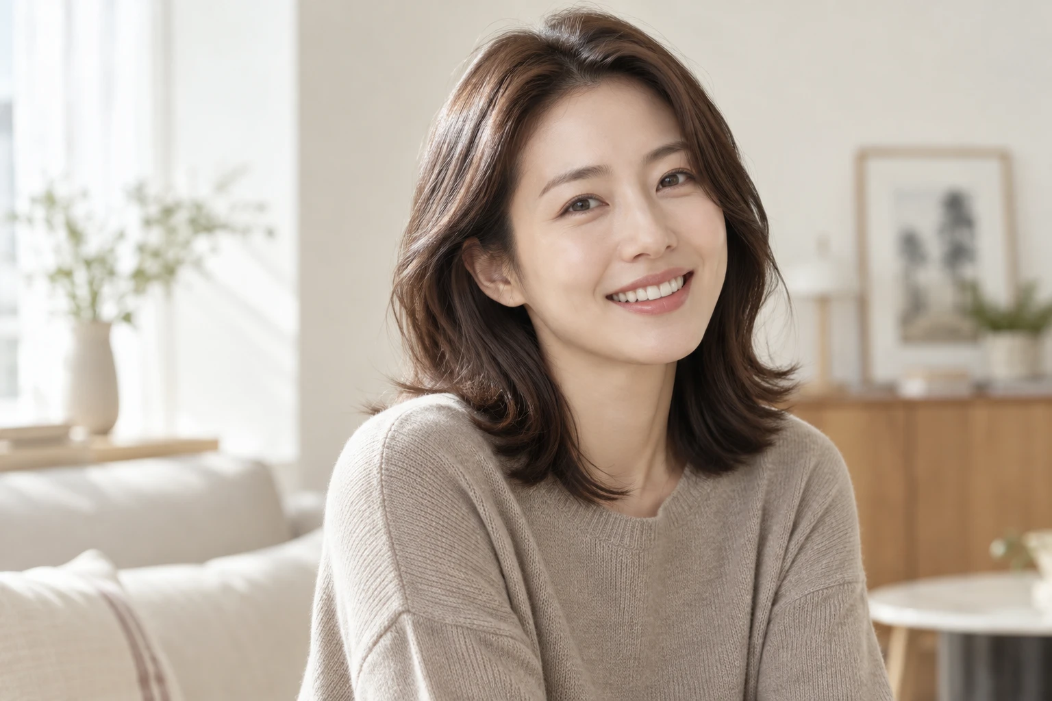 자연스럽게 미소 짓는 성인 여성의 AI 생성 이미지