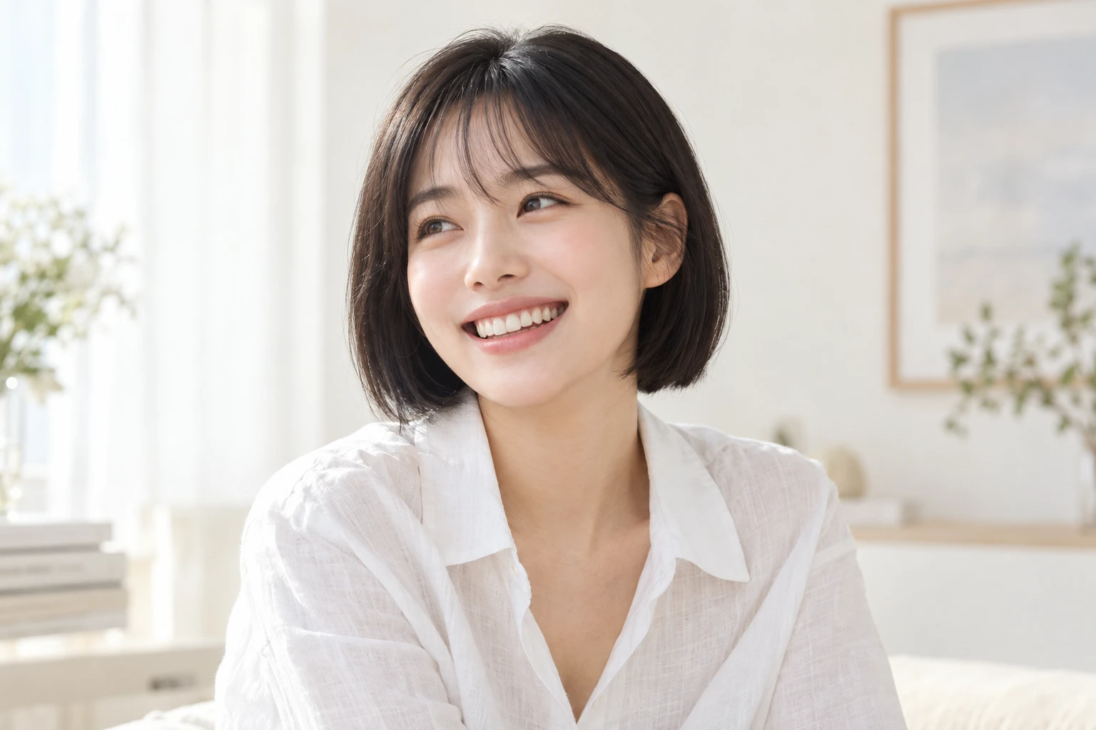 밝은 실내에서 웃고 있는 여성의 생활 이미지